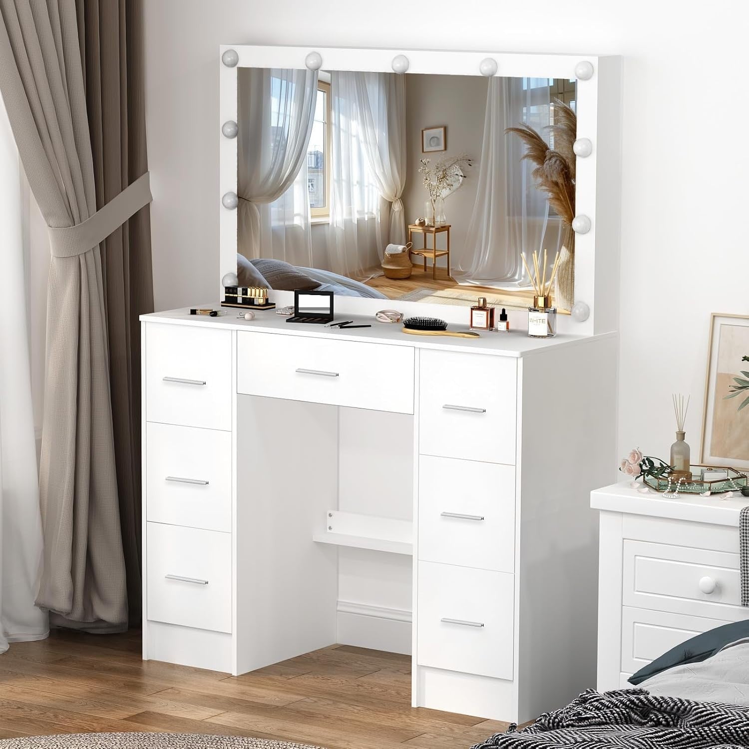 Vanity Makeup Dressing Table with 3-Color LED Mirror 7-Drawer Large White Storag