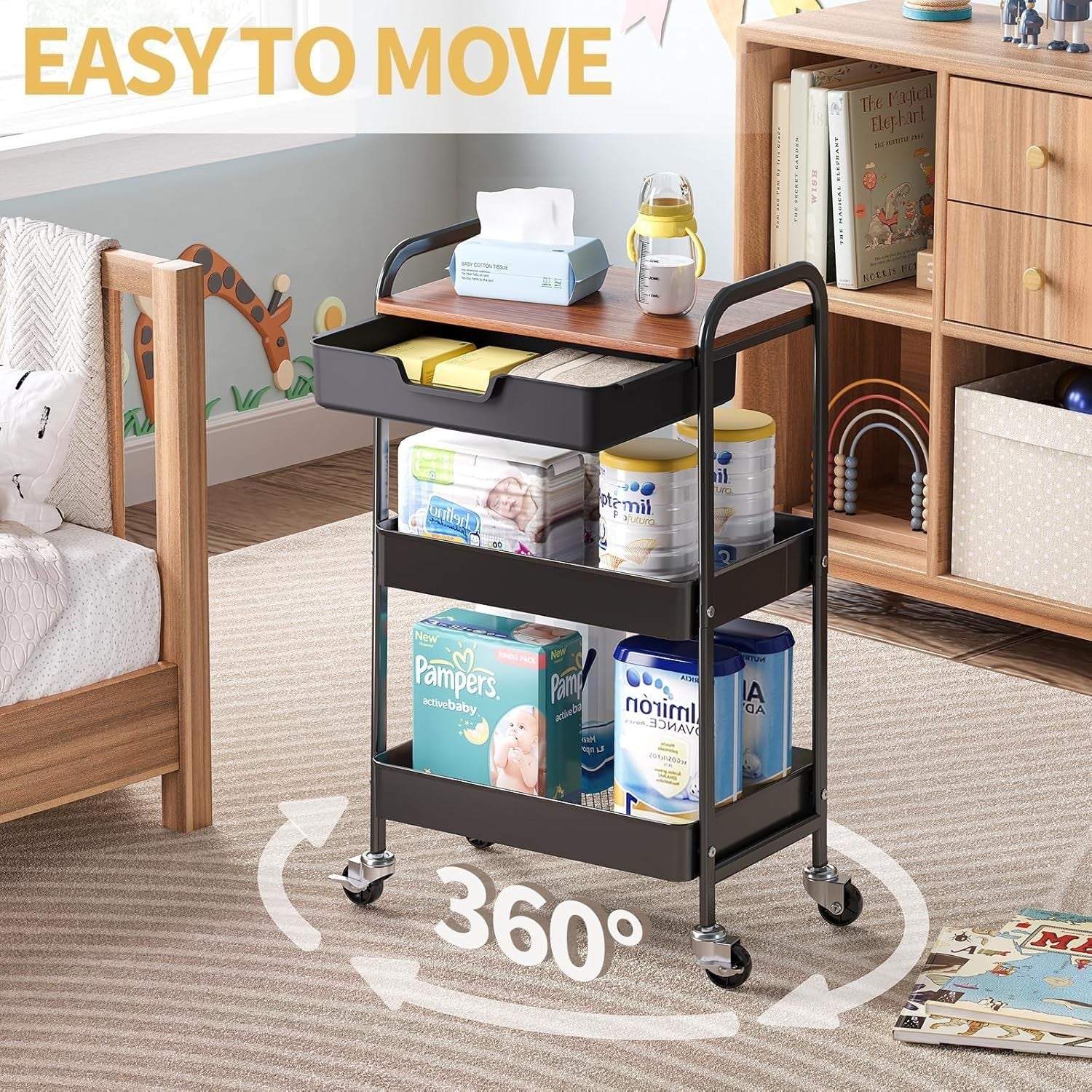Black 3 Tier Storage Trolley on Wheels w/ Drawer