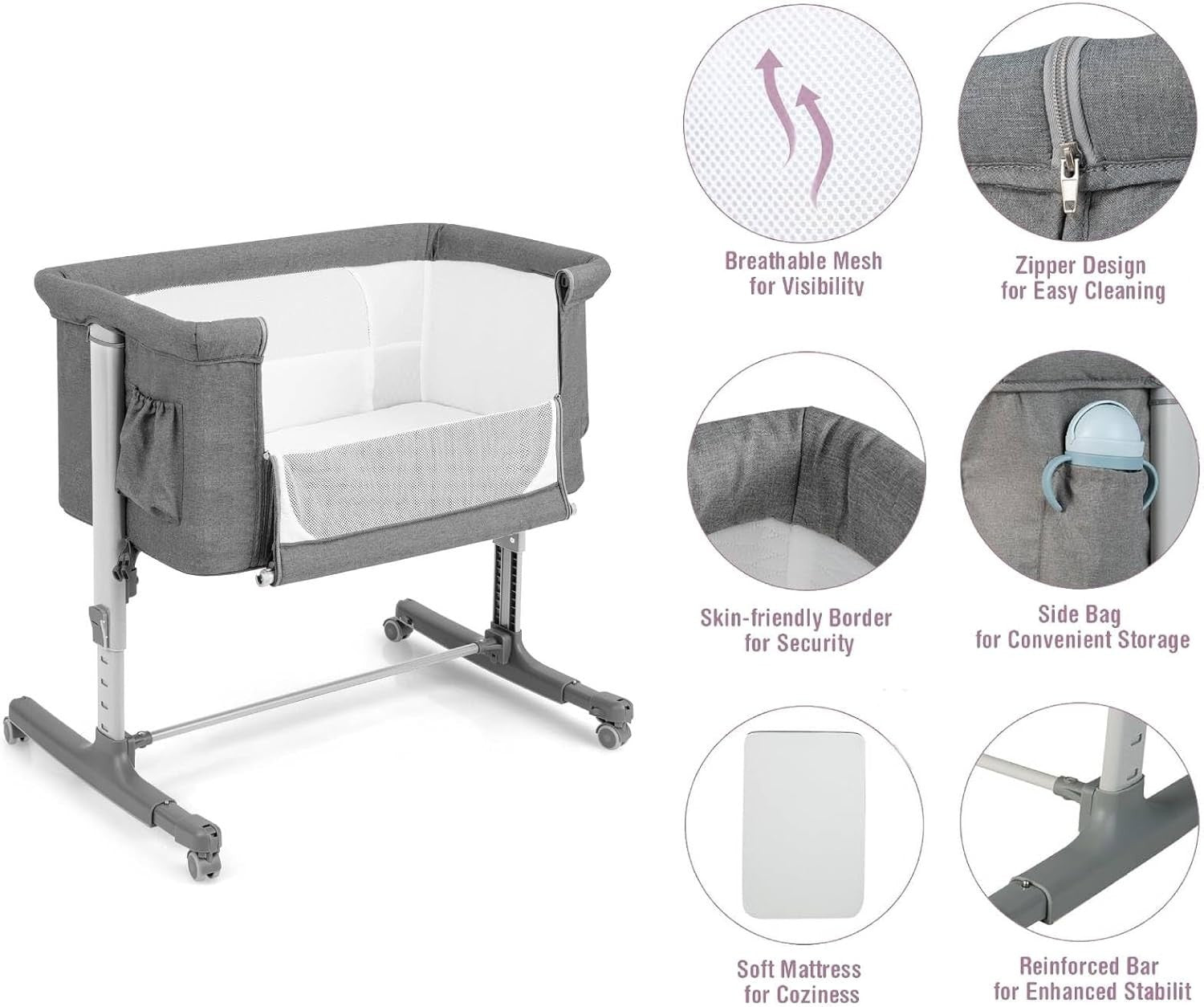 3-in-1 Baby Bedside Crib with Adjustable Heights, Mattress & Carry Grey