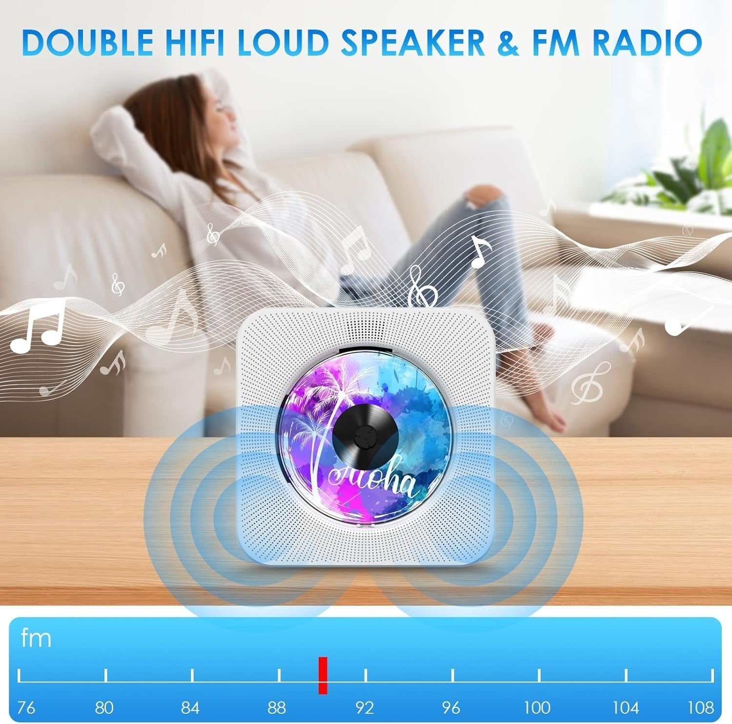 Desktop CD Player Bluetooth Speakers FM Radio USB AUX Remote LCD White