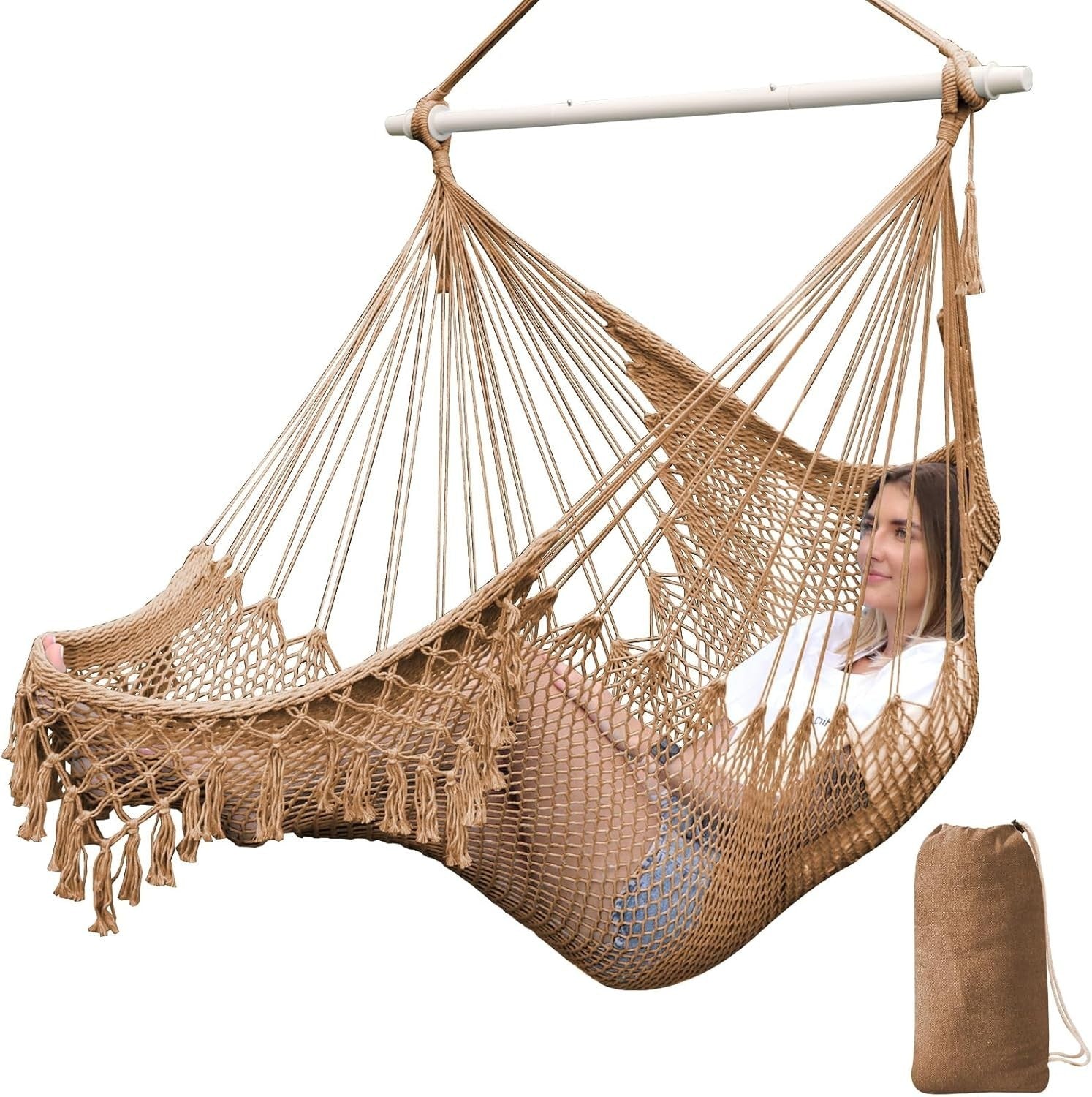 Brown Hanging Hammock Chair – Soft Cotton Mesh, Wide Seat, 120kg Max