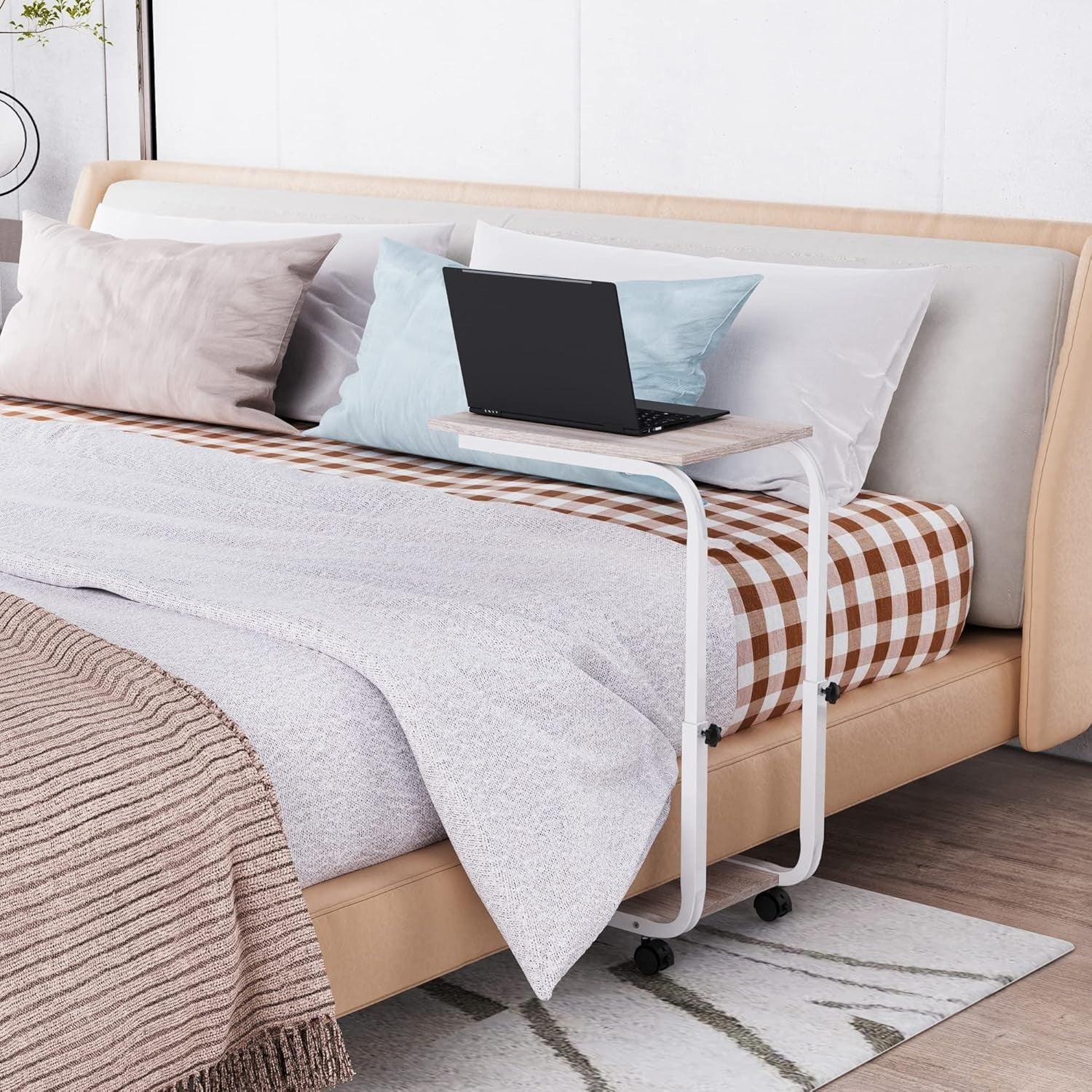 Height Adjustable Side Table – 45x30x65cm End/Bedside Table Oak White
