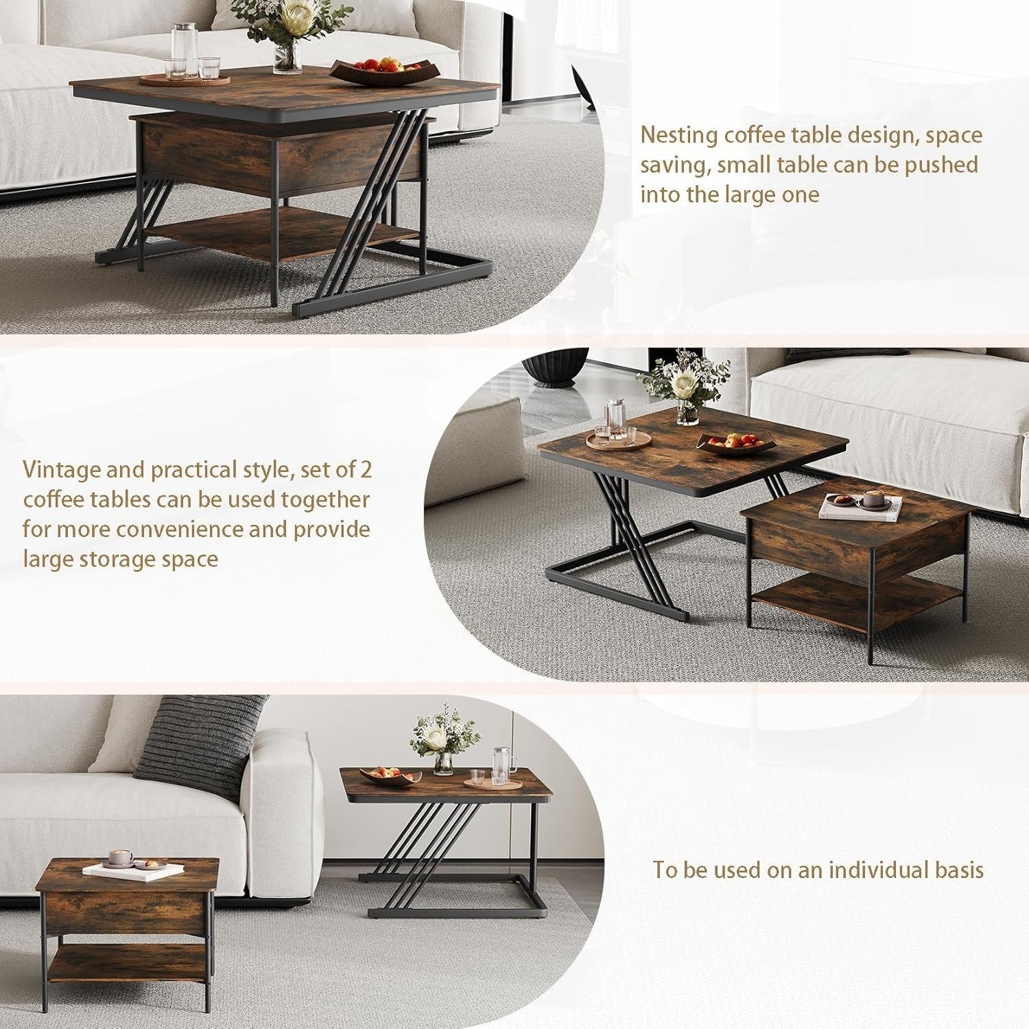 Square Nesting Coffee Table Set 2, Lift Top Storage, Walnut & Black, Space Savin