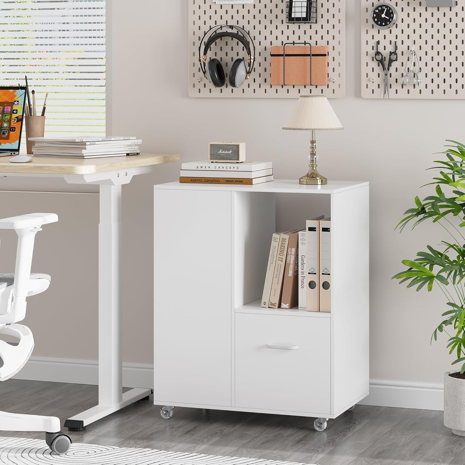White Mobile File Cabinet 75cm Under Desk Storage with Shelves