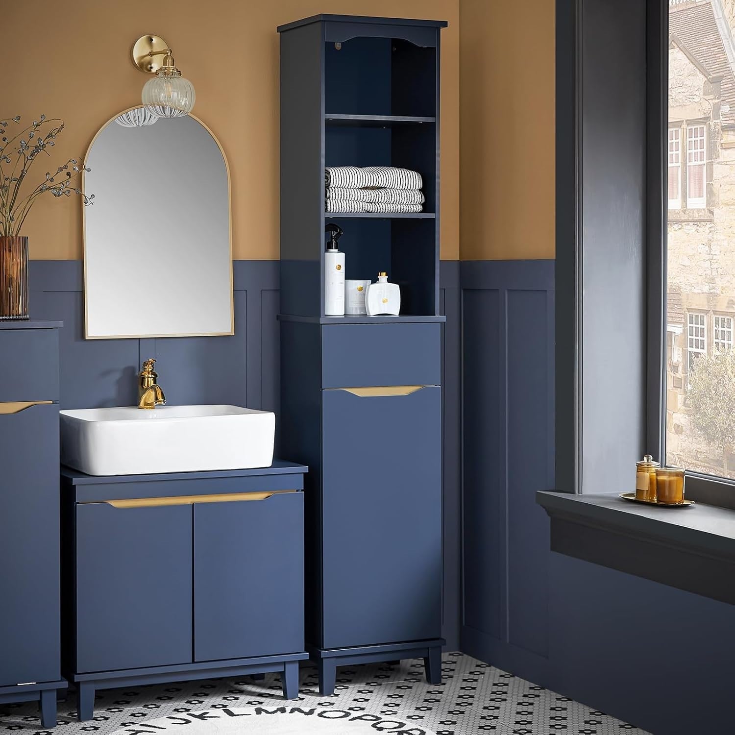 Slim Tall Bathroom Storage Cabinet with Drawer & 3 Shelves, Blue 35x30x170 cm