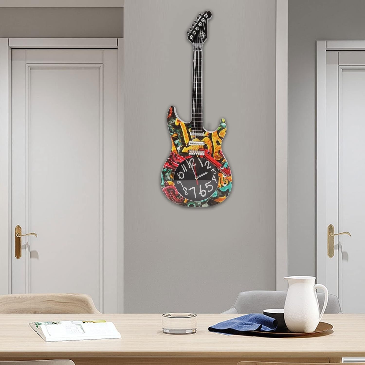 Guitar Shape Wall Clock Retro Music Decor 21cm Silent Art Gift for Players