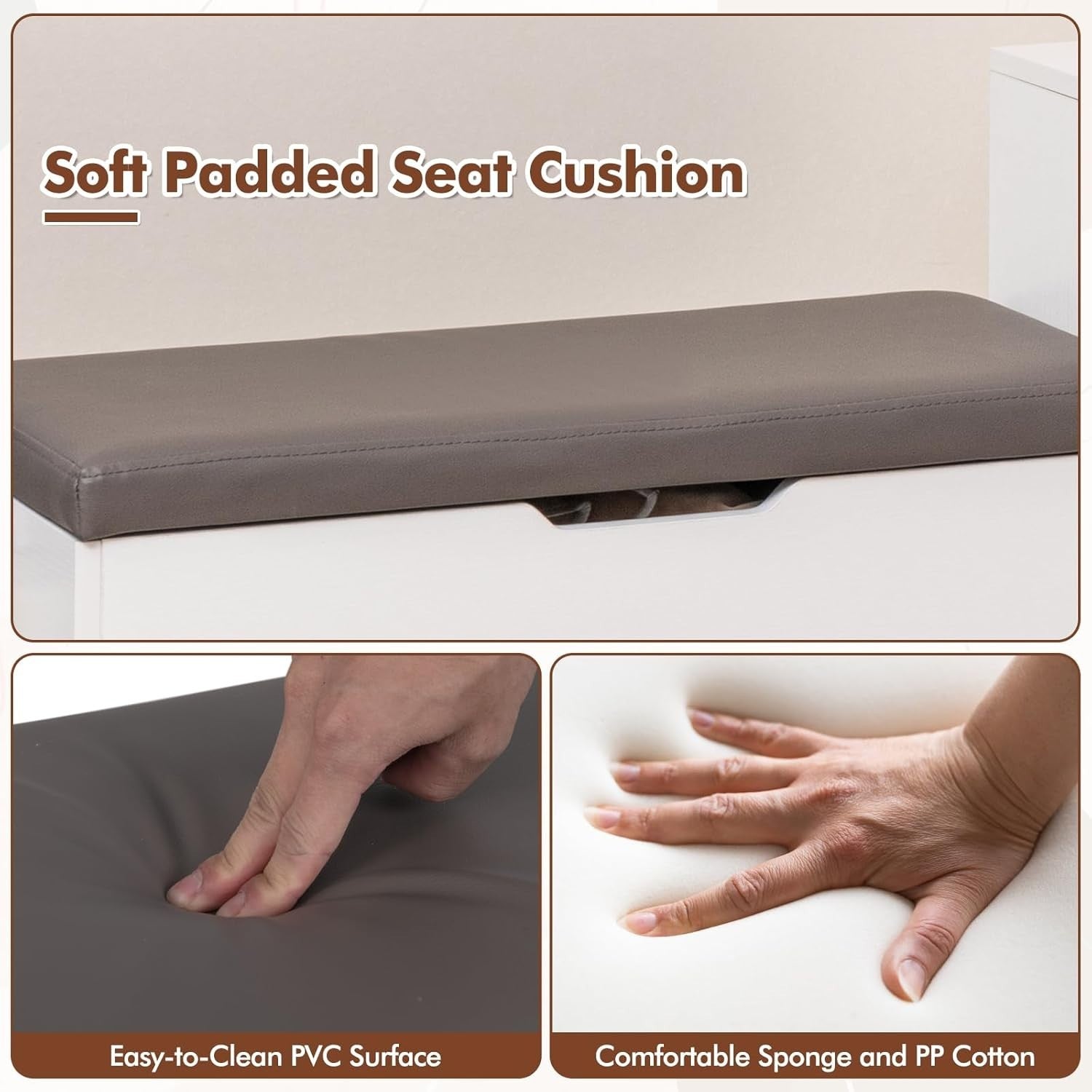 White Shoe Storage Bench with Cushion & Flip Top | 2-Door Hallway Cabinet