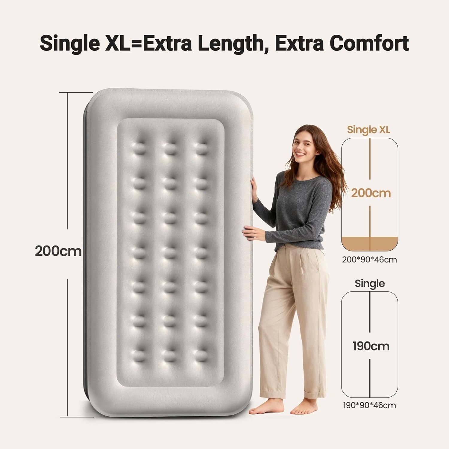 Inflatable Air Mattress Single XL with Built-In Pump, Flocked, 46cm High