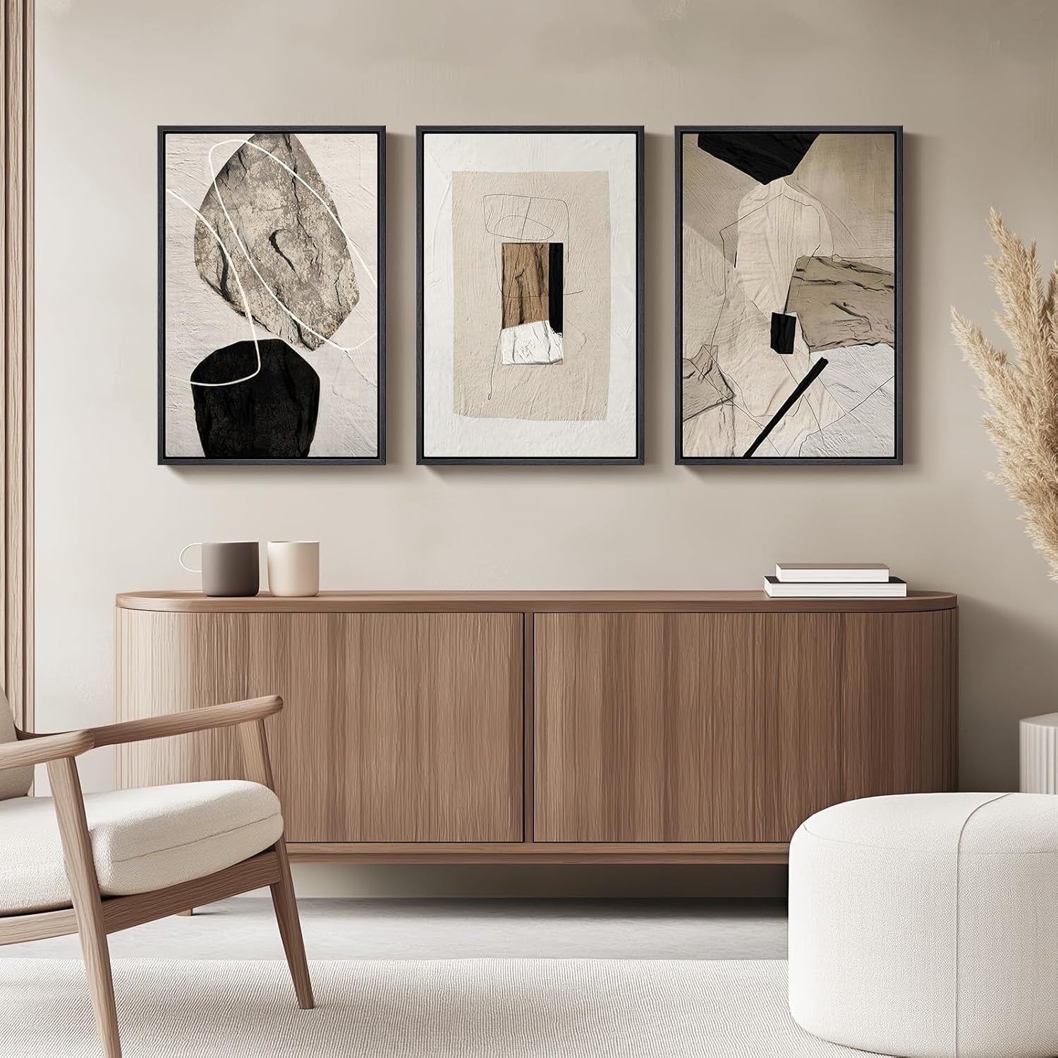 Framed Neutral Abstract Wall Art Set of 3 16x24in Modern Canvas