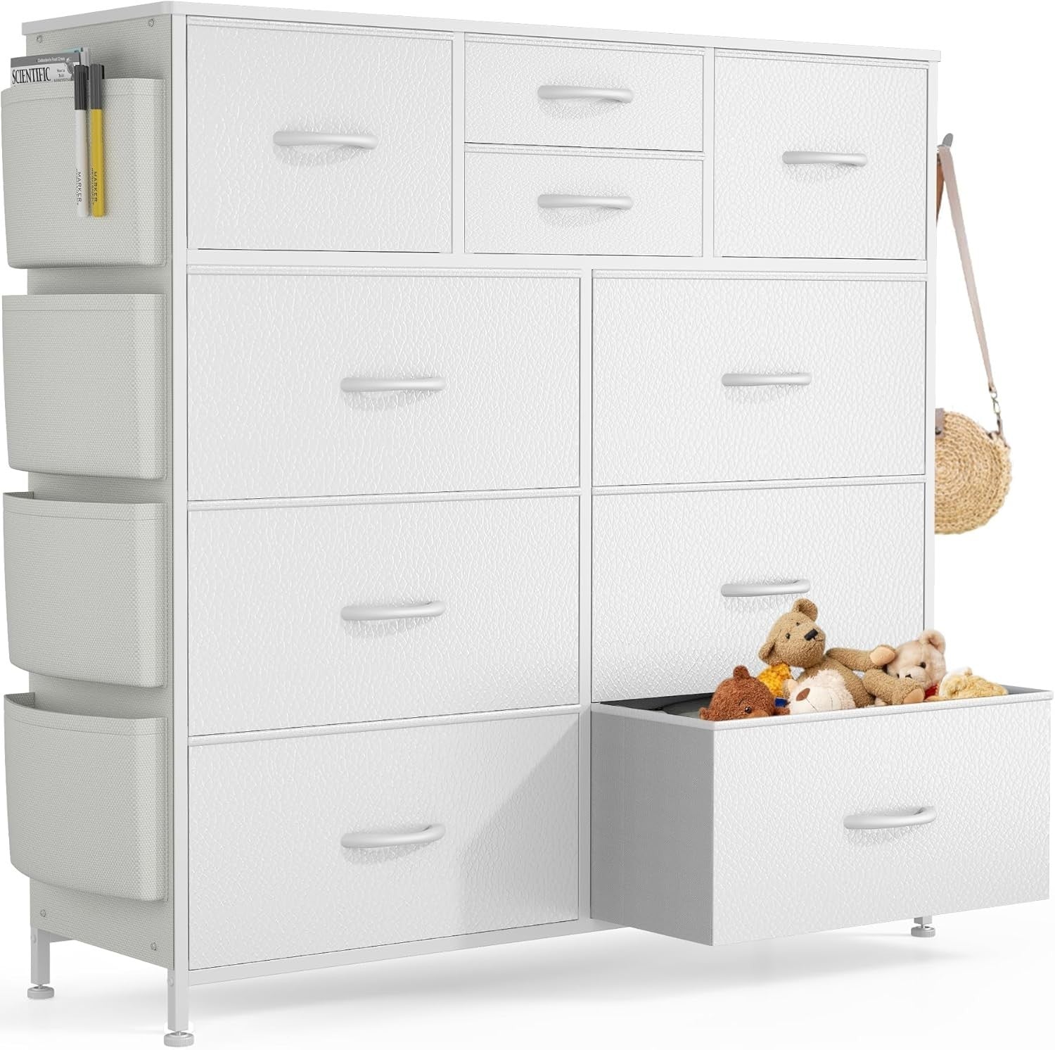White 10-Drawer Tall Chest Fabric Drawers with Side Hooks & Storage Pockets
