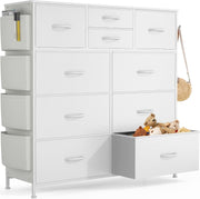 White 10-Drawer Tall Chest Fabric Drawers with Side Hooks & Storage Pockets