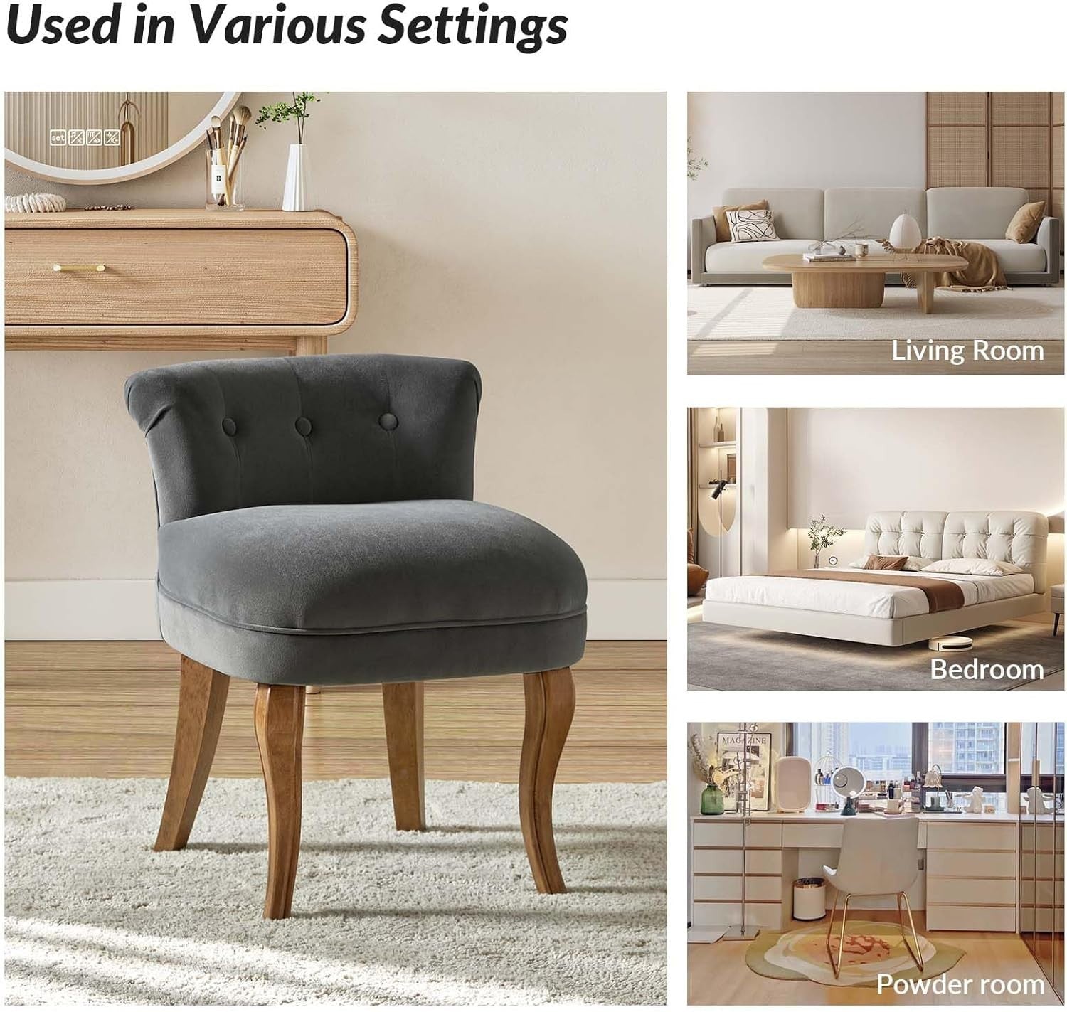 Set of 2 Grey Velvet Upholstered Vanity Chairs – Barrel Back Accent Seats