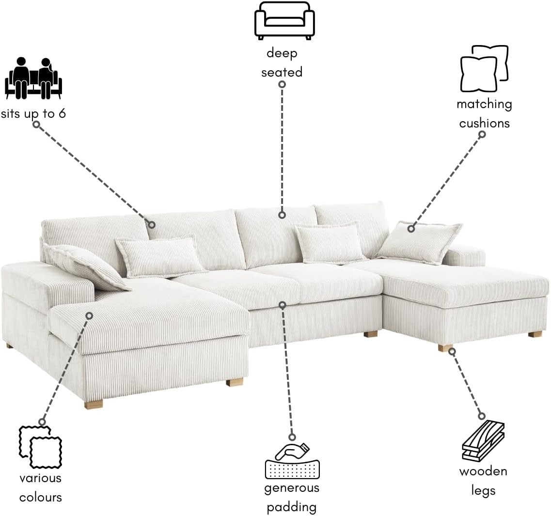 Large Cream Jumbo Cord U-Shape Sofa | Deep Seat, 5-Seater + Footstool