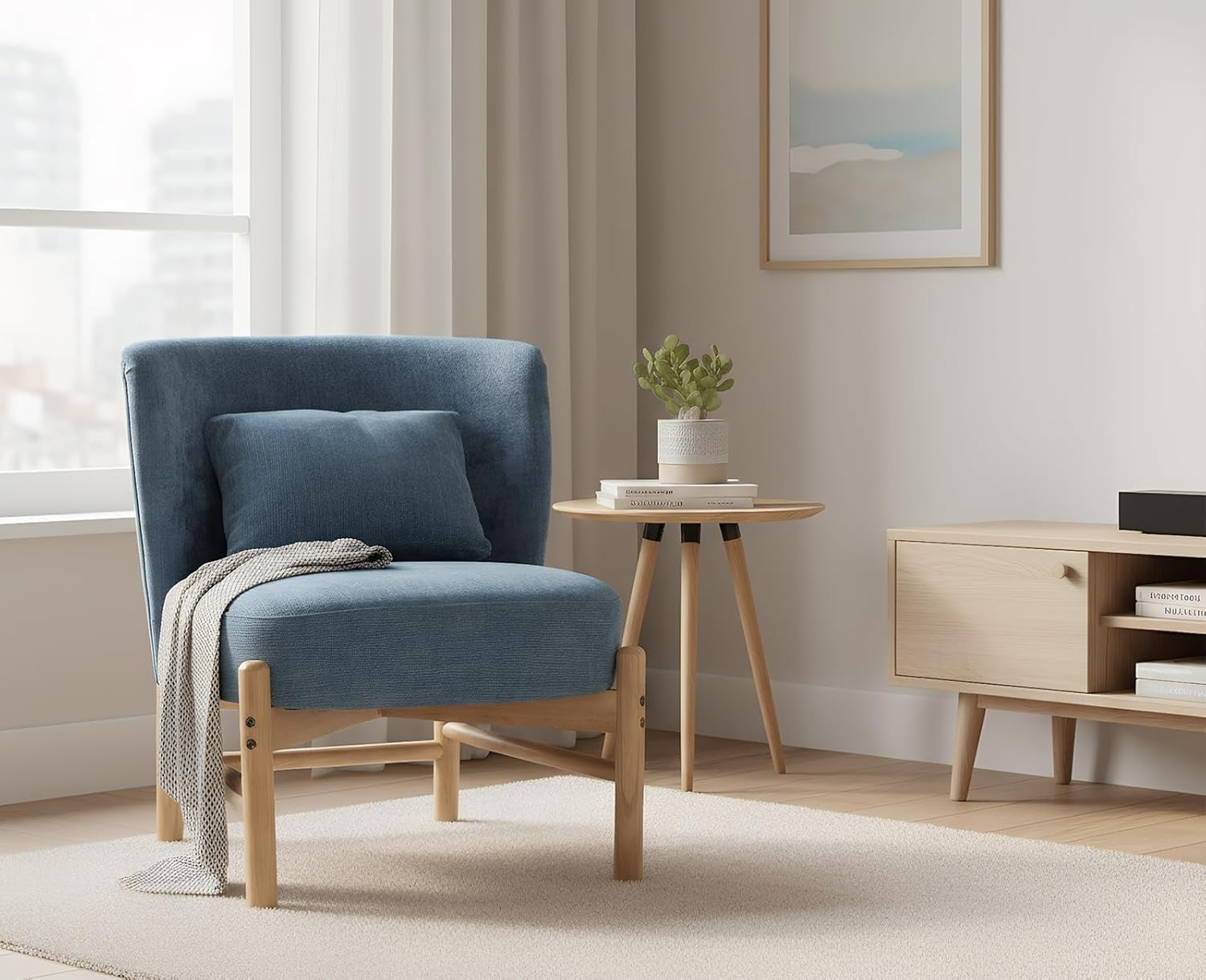 Blue Chenille Accent Chair Armless Tub Chair with Pillow & Wood Legs