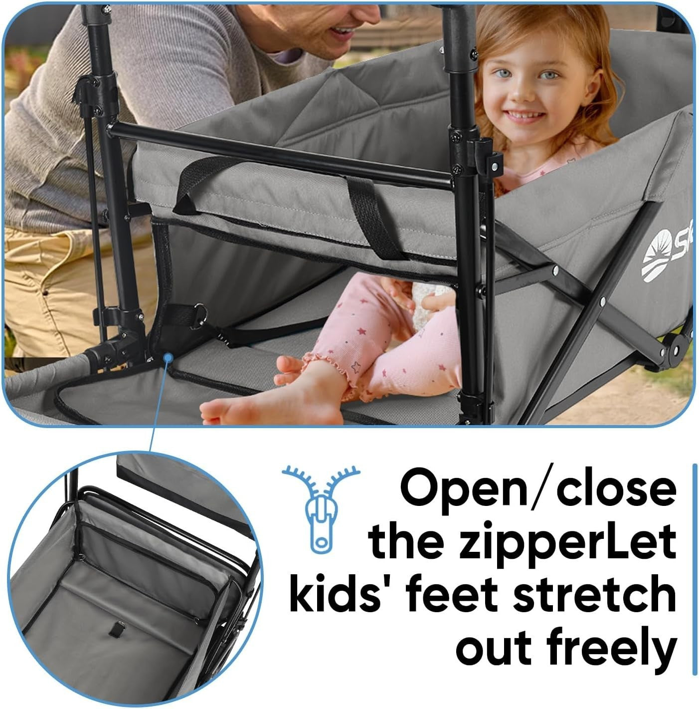 Grey Kids Folding Wagon with Canopy Shockproof Wheels 100kg Family Transport