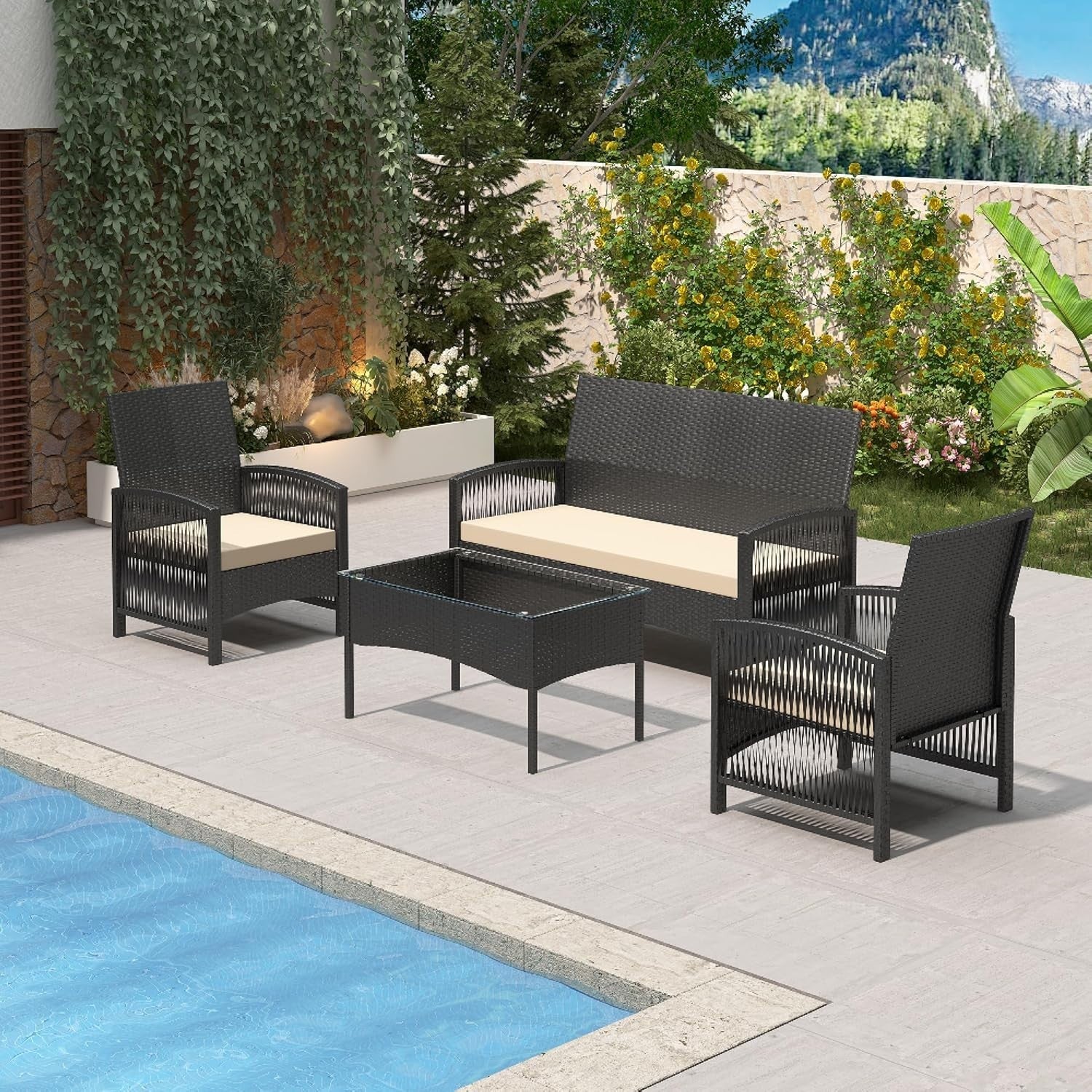 4-Piece Rattan Garden Patio Set Black Cushioned Sofa & Glass Coffee Table