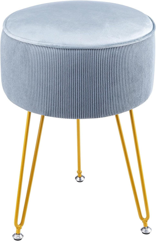 Blue Round Velvet Dressing Table Stool – Padded Vanity Seat with Golden Legs