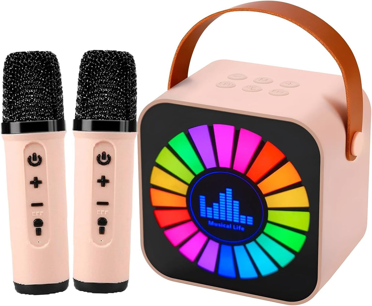 Pink Kids Karaoke Machine with 2 Wireless Mics LED Bluetooth