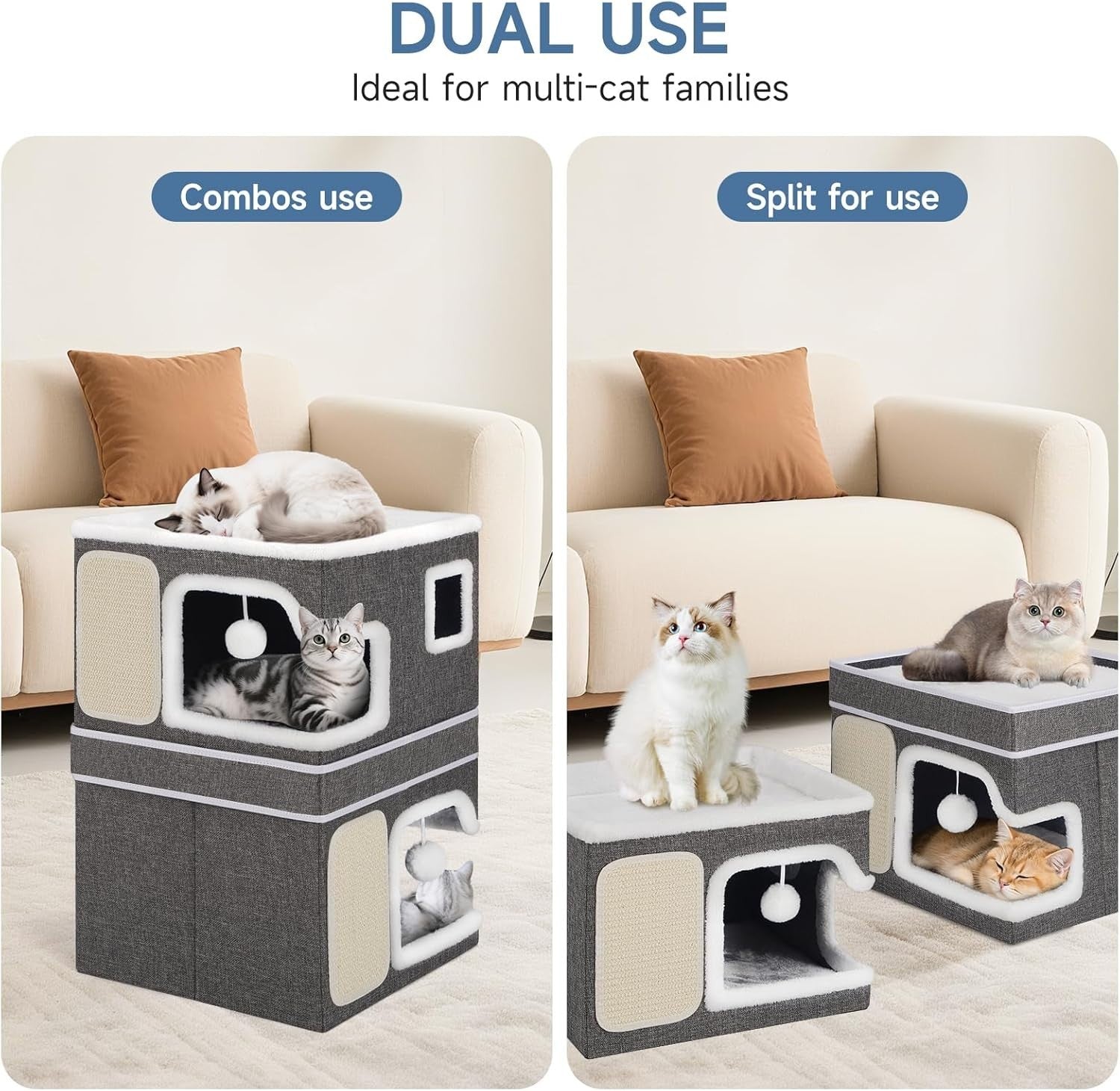 3 Layer Cat House Foldable Cat Cube Cave Condo w Scratch Pads Grey