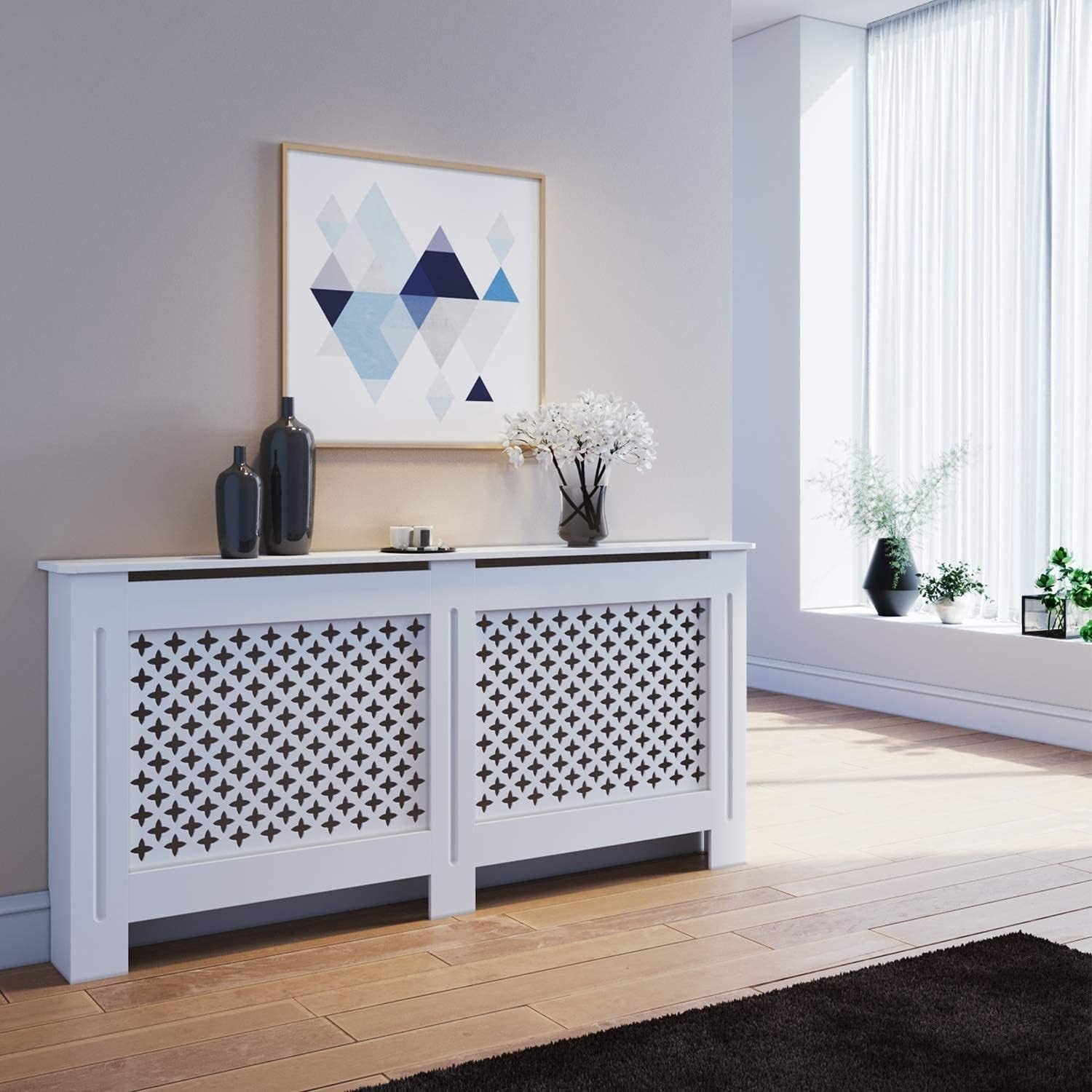 White Radiator Cover Cabinet Modern MDF Slatted Design with Shelf, Extra Large