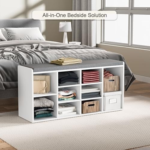 White Shoe Storage Bench with Cushion Seat 9 Cubes Adjustable Shelves Entryway