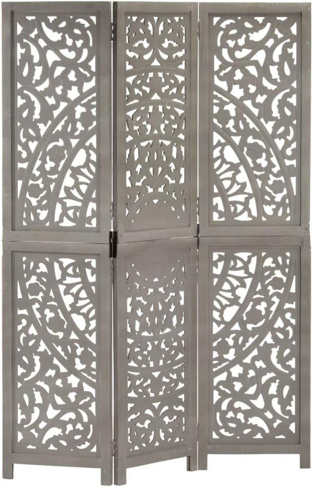 3 Panel Grey Carved Wooden Room Divider 120x165cm Folding Privacy Screen