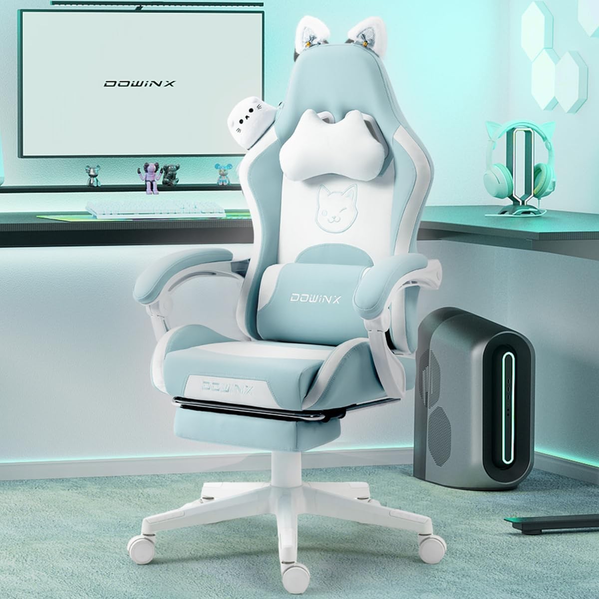 Cute Cat Ear Gaming Chair Massage Lumbar Footrest 290lbs