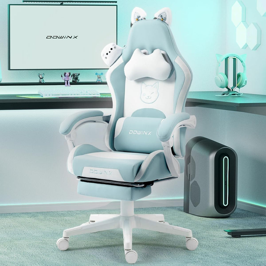 Cute Cat Ear Gaming Chair Massage Lumbar Footrest 290lbs