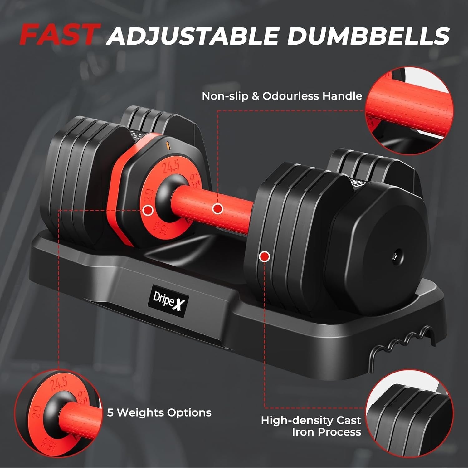 24.5kg Adjustable Dumbbell Pair 5-in-1 One-Hand Dial Non-Slip Home Gym
