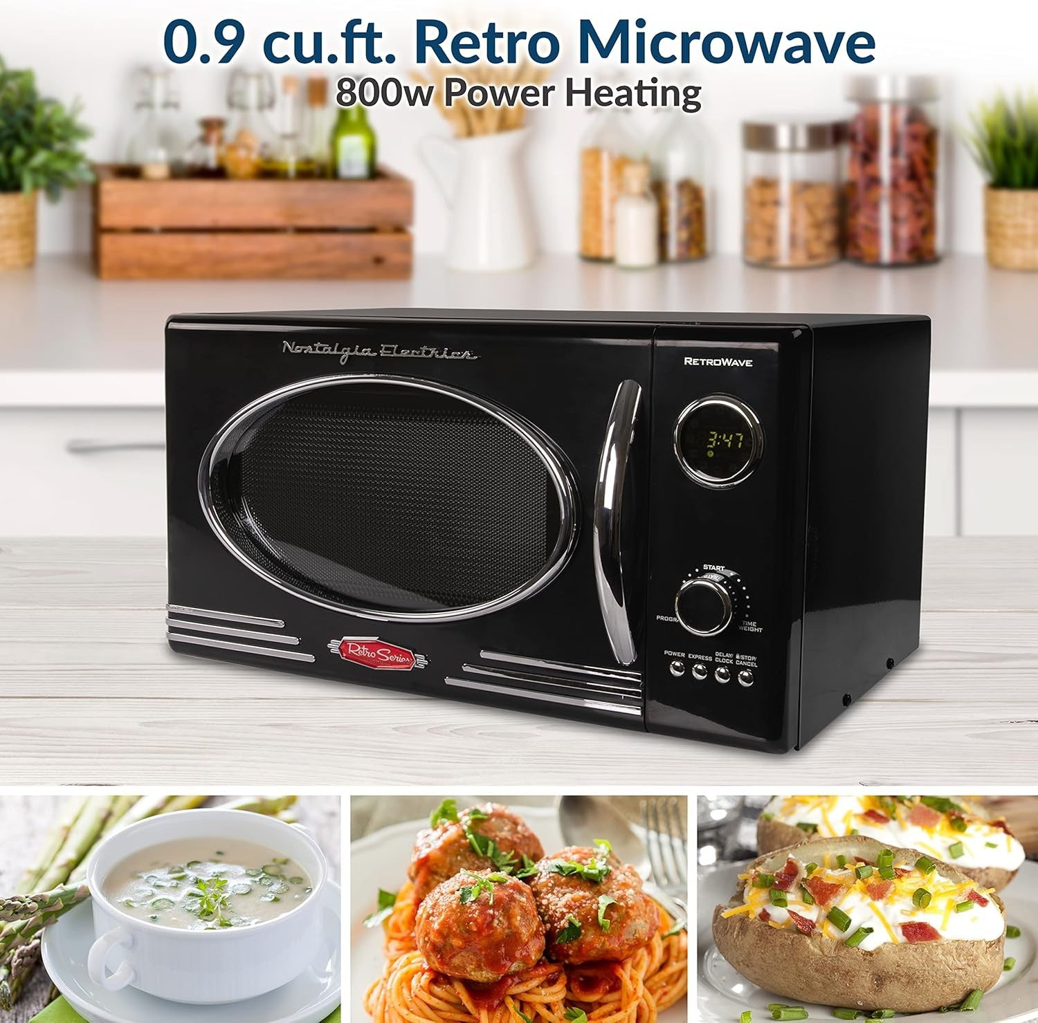 Nostalgia 0.9 Cu Ft 800W Retro Microwave 5 Power Levels 12 Cooking Jet Black