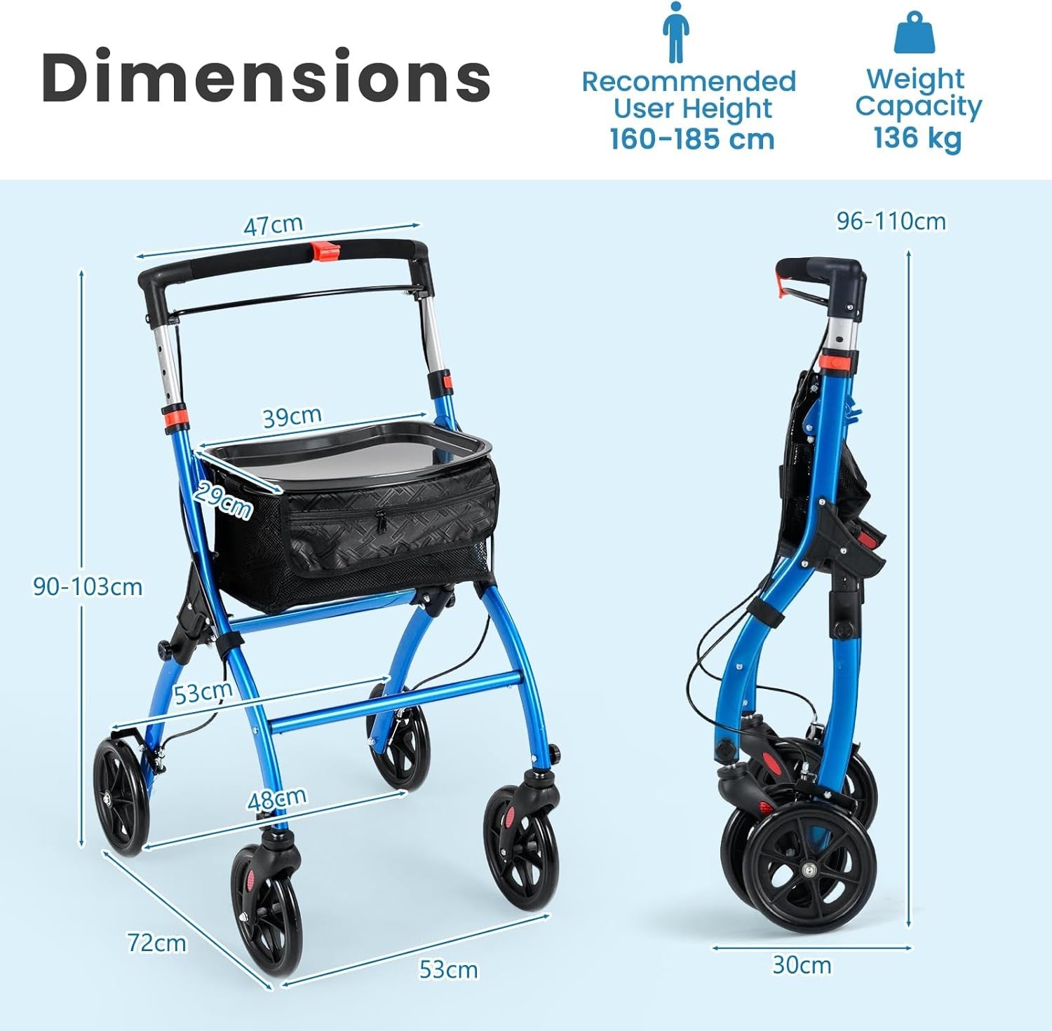 Lightweight Folding Rollator Walker 4 Wheel Basket Brakes Narrow Blue