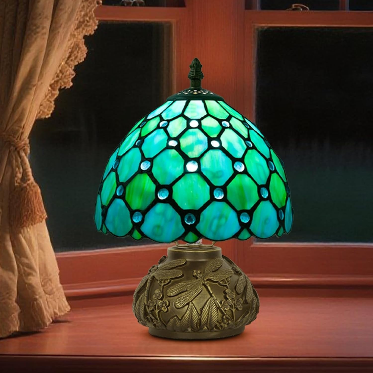 Tiffany Style Stained Glass Desk Lamp with Dragonfly Base, 3 Color Modes