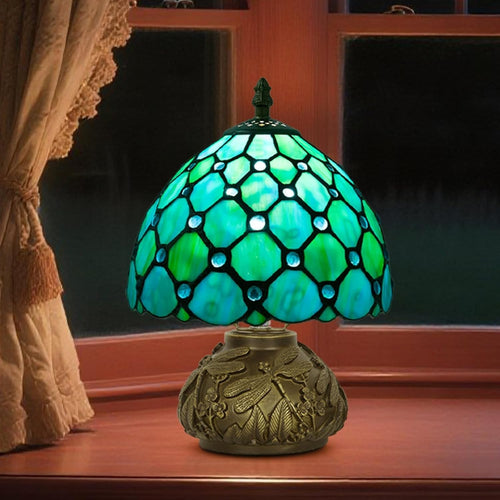 Tiffany Style Stained Glass Desk Lamp with Dragonfly Base, 3 Color Modes