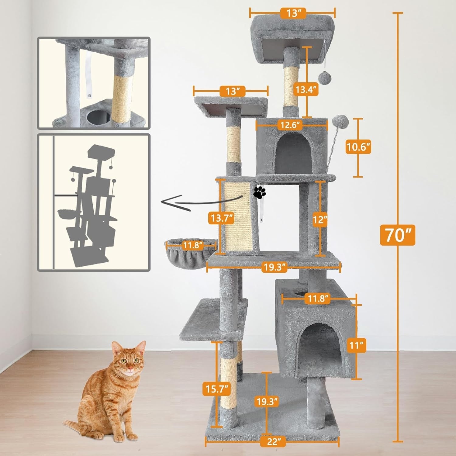 Large Cat Tree Tower 177cm Multi Level Condo Hammock Scratching Posts