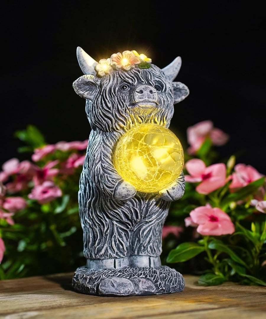 Solar Highland Cow Garden Ornament with LED Ball – Waterproof Outdoor Statue