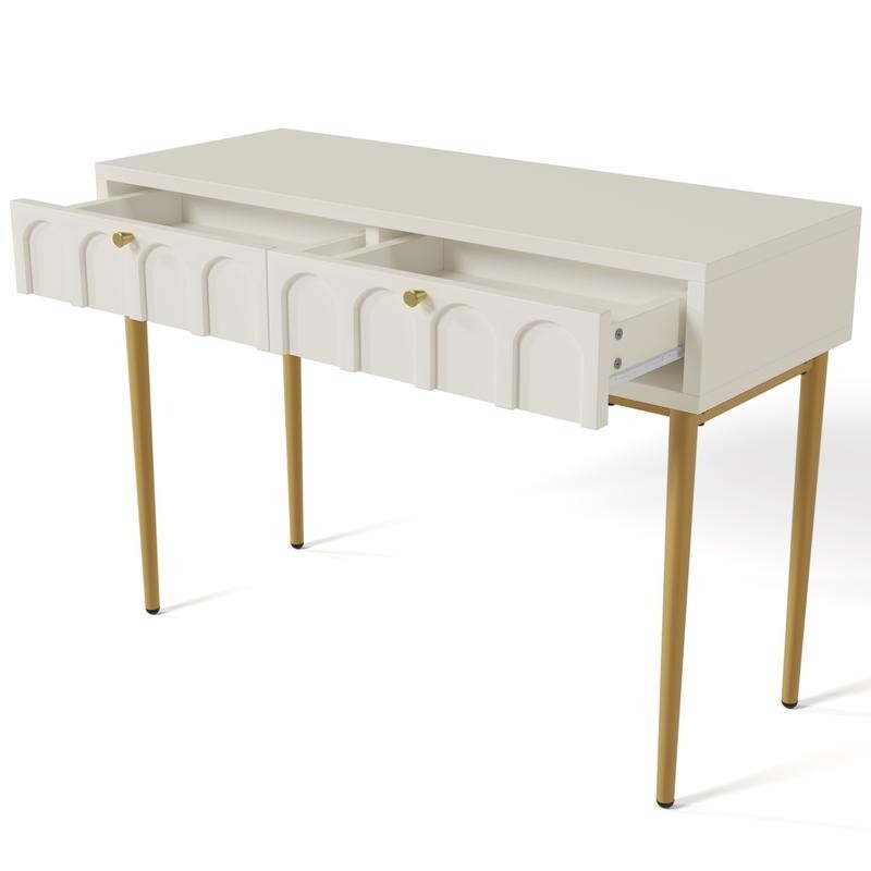 White Dressing Table with 2 Drawers & Gold Legs – Bedroom Makeup Desk