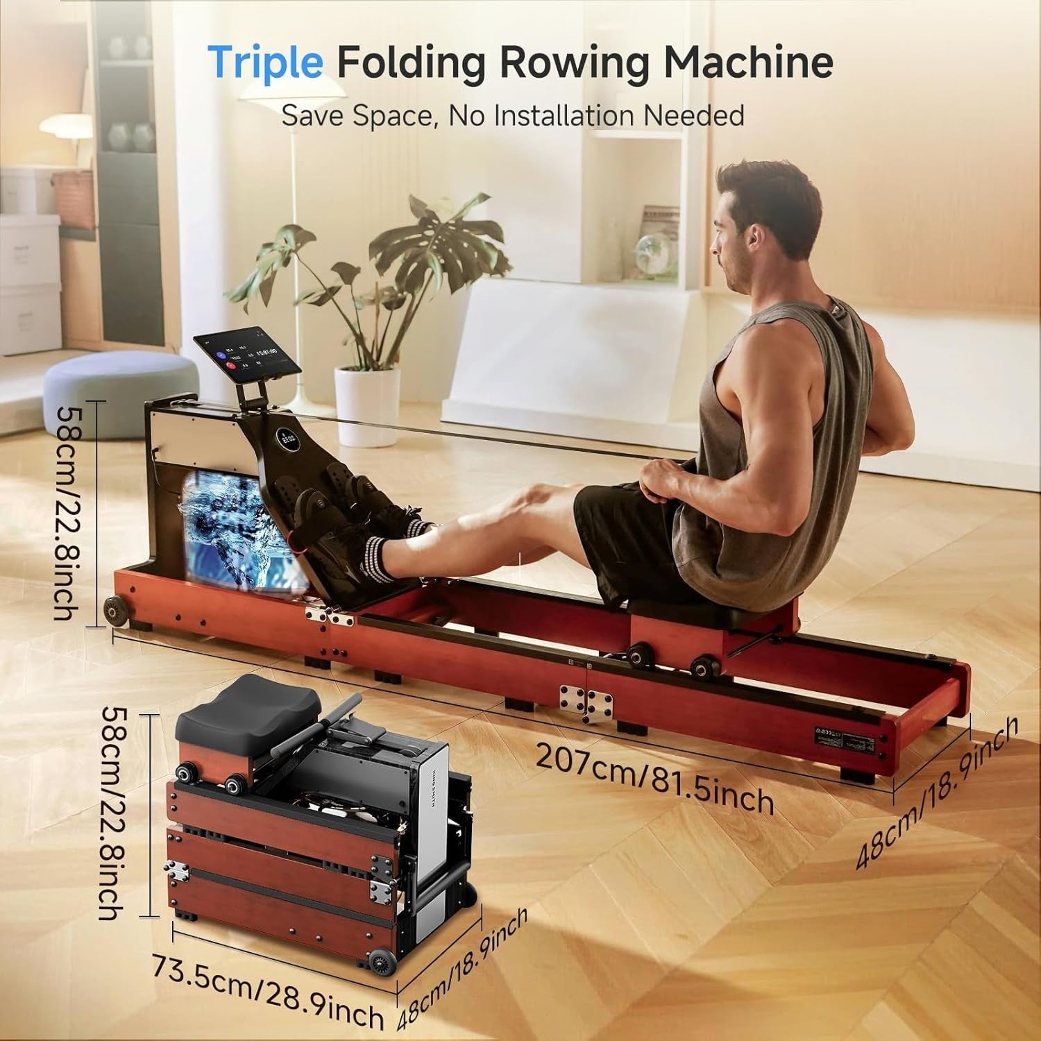 Hybrid Water & Magnetic Rower 5+32 Levels Foldable LED Display 150KG Oak