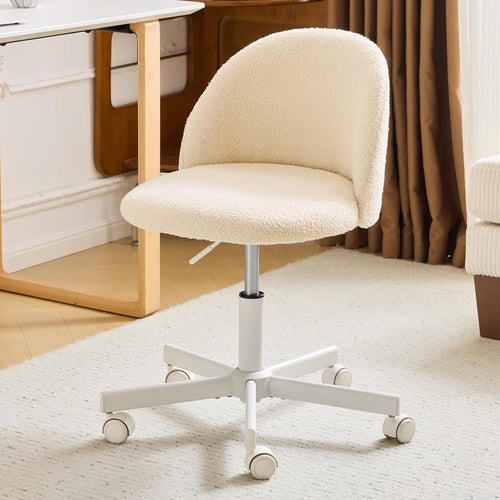 Cream Beige Swivel Desk Chair Small Faux Fur Adjustable Vanity Office Seat