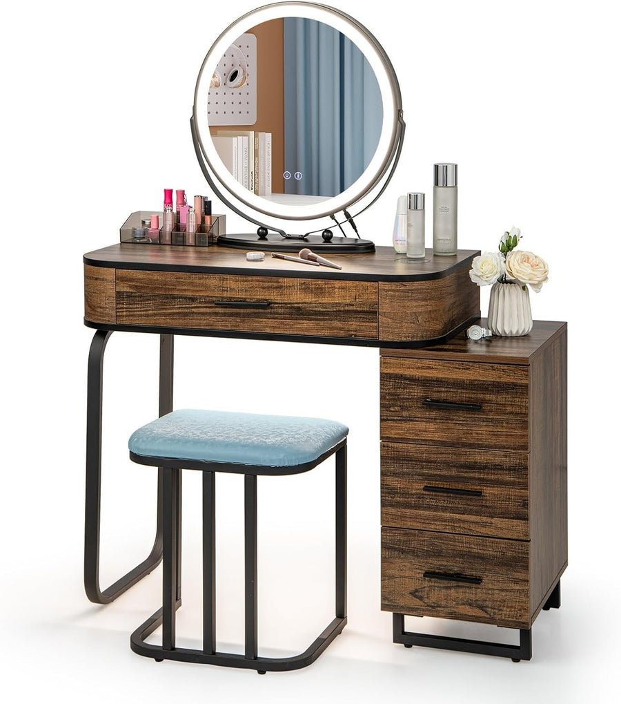 Vanity Makeup Dressing Table Stool Set LED Lighted Mirror Wireless Charger Brown