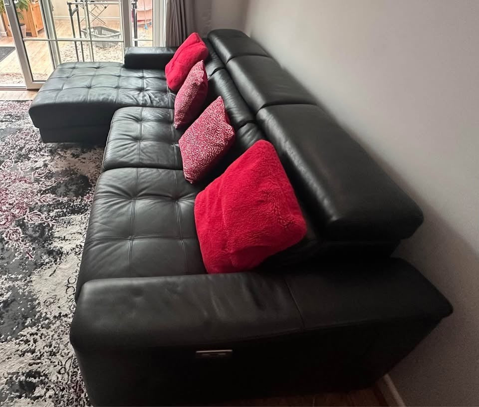 Italian Black Recliner Leather Corner Sofa L-Shape Sofa (PTP)