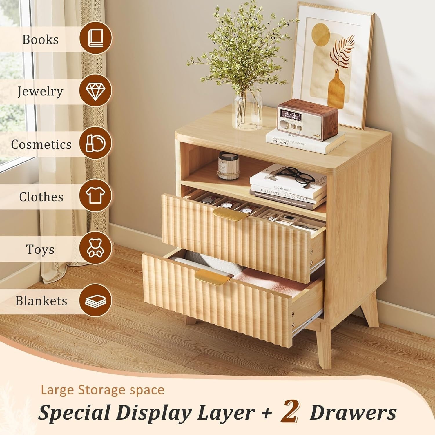 Natural Fluted Bedside Table with 2 Drawers & Open Shelf – Modern Wood
