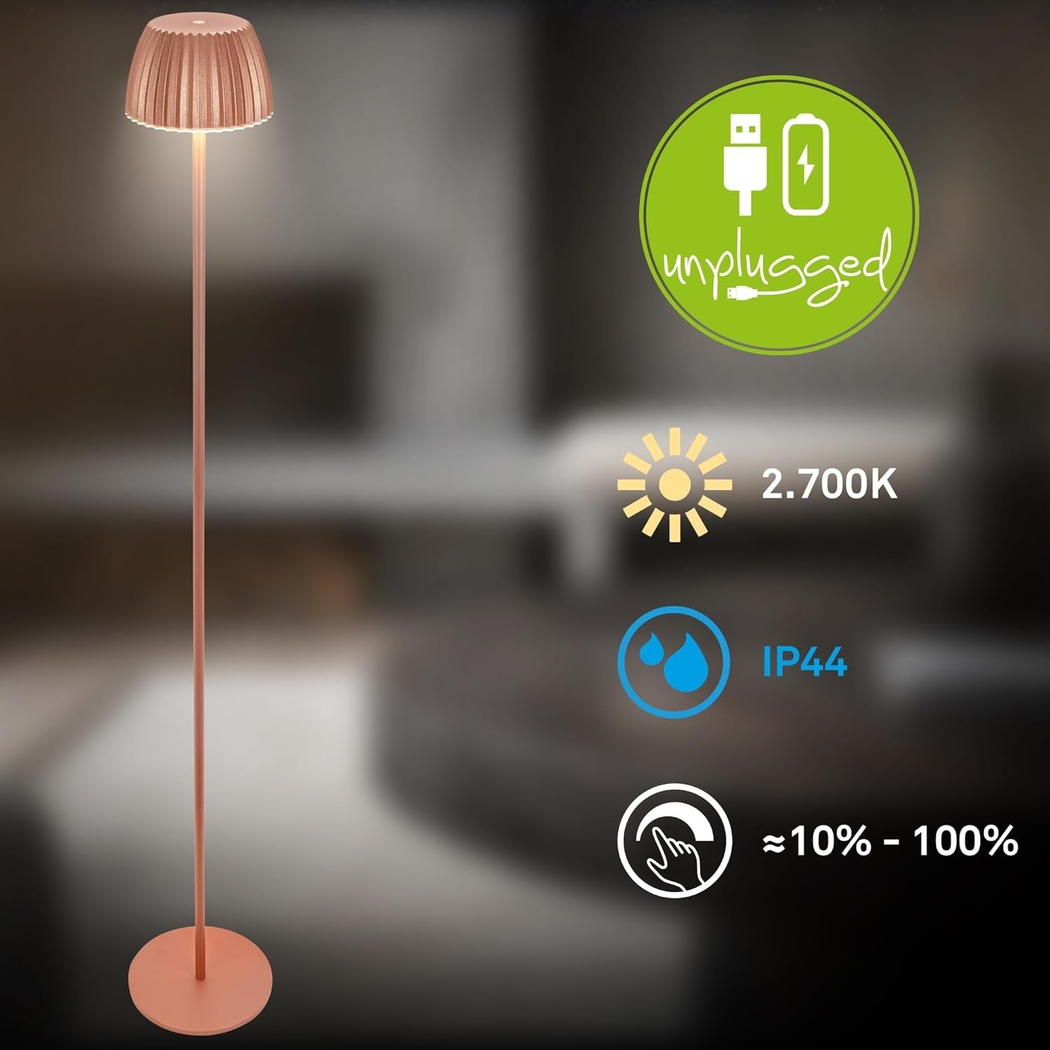Rechargeable LED Floor Lamp Copper Touch Dimmable Wireless IP44 Modern