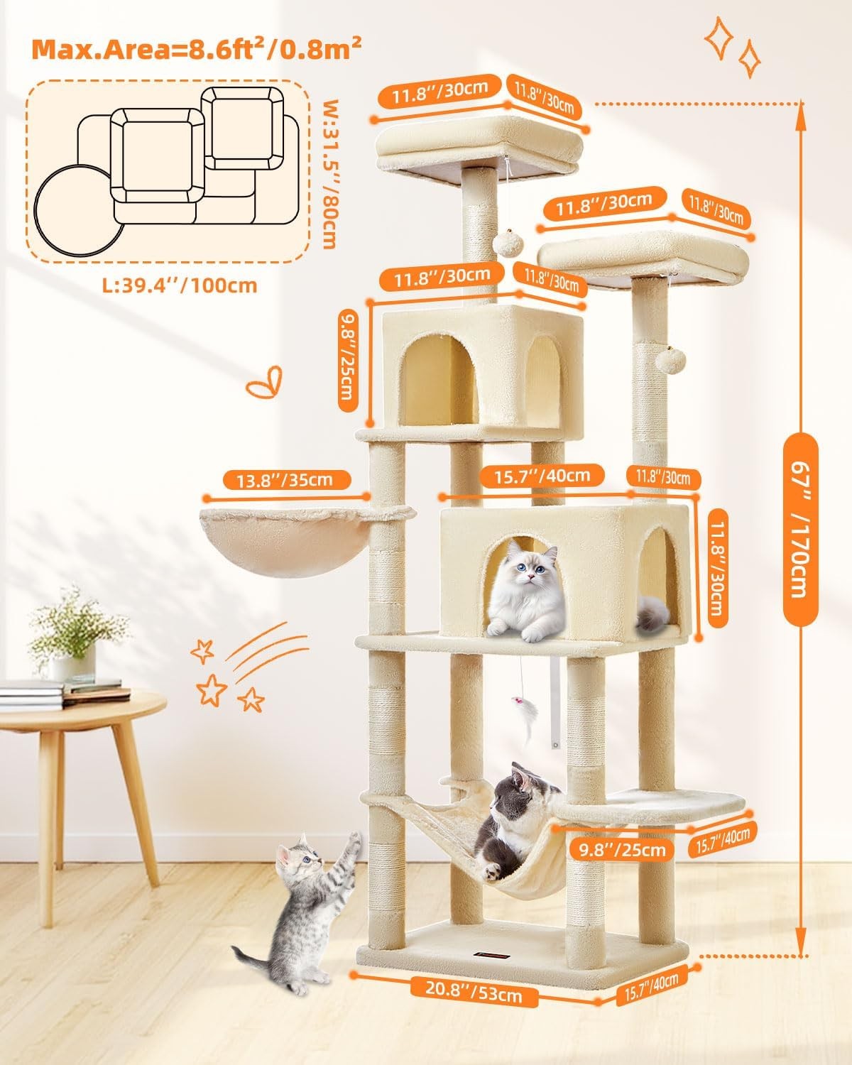 Large Cat Tree Tower 170cm Multi-Level Scratching Posts Condos Hammock