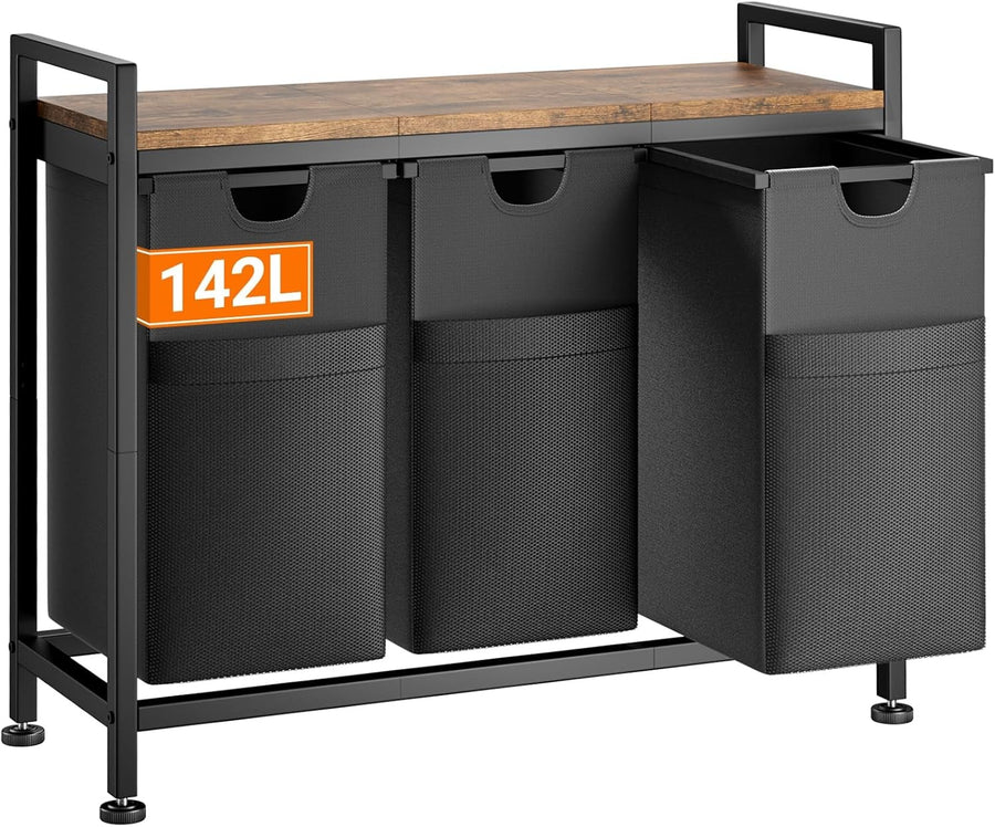 142L Laundry Sorter with 3 Pull-Out Bags & Shelf Large Freestanding Organizer