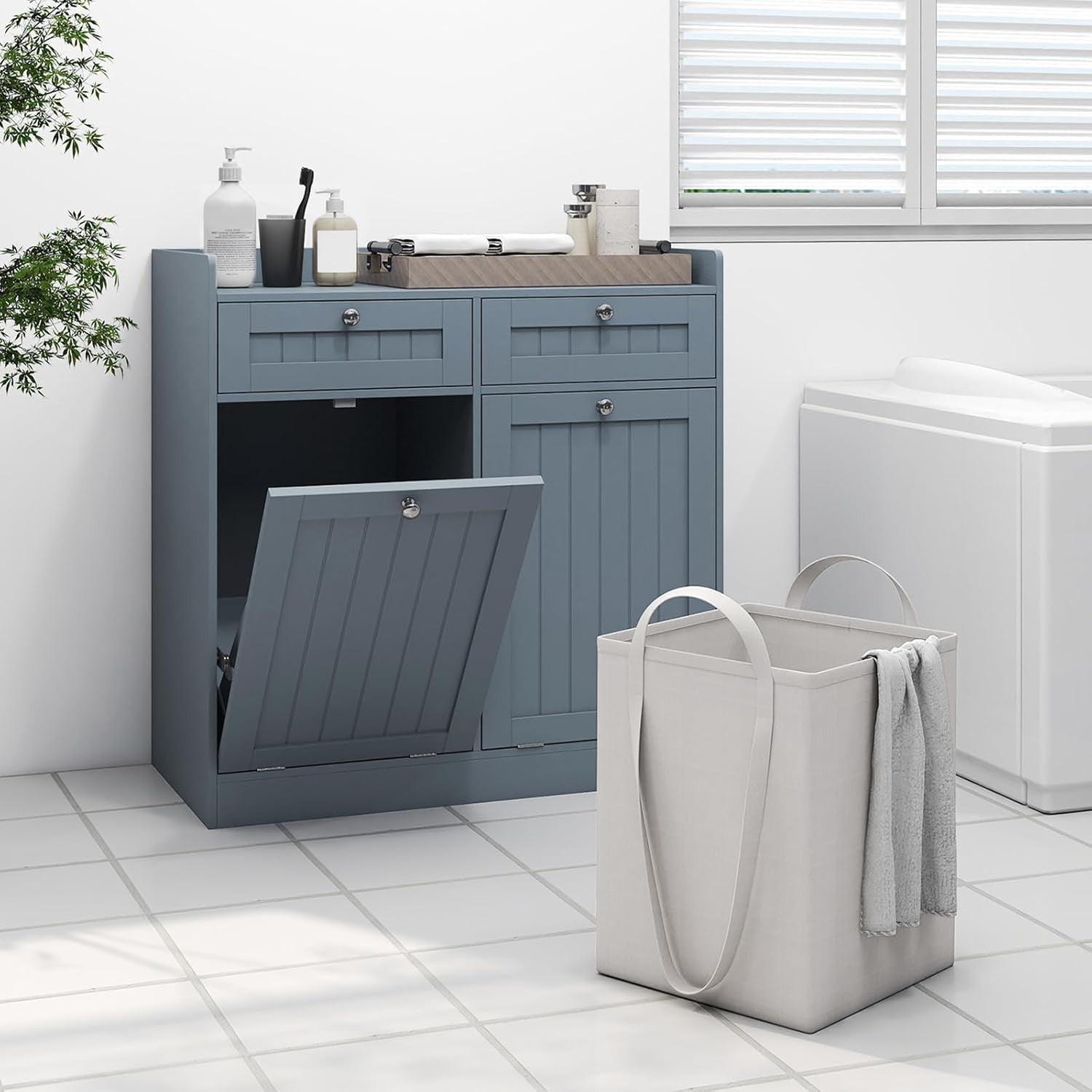Grey Tilt-Out Laundry Cabinet with 2 Drawers & 2 Hampers Modern Bathroom Storage
