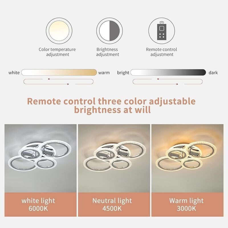 Modern 4-Ring LED Ceiling Light 58W Dimmable Remote Chrome Flush Mount
