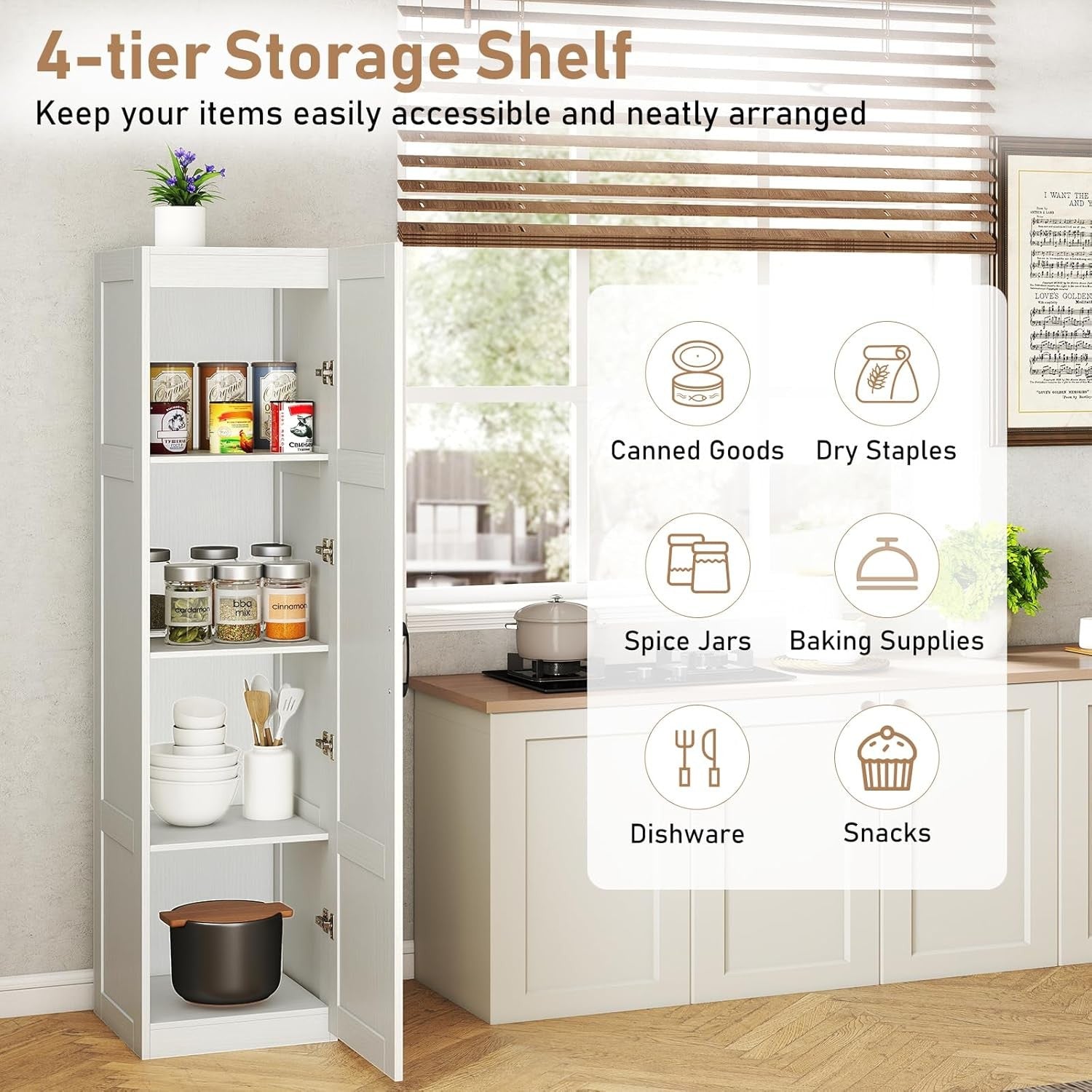 Tall White Kitchen Cupboard 4 Tier Wooden Pantry Storage Cabinet Unit