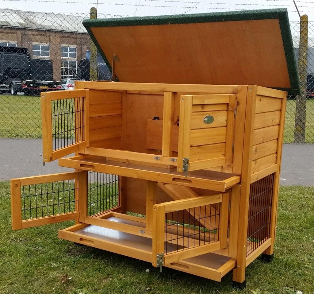2 Tier Rabbit Hutch Outdoor With Cover Wooden Cage Trays Guinea Pig Run
