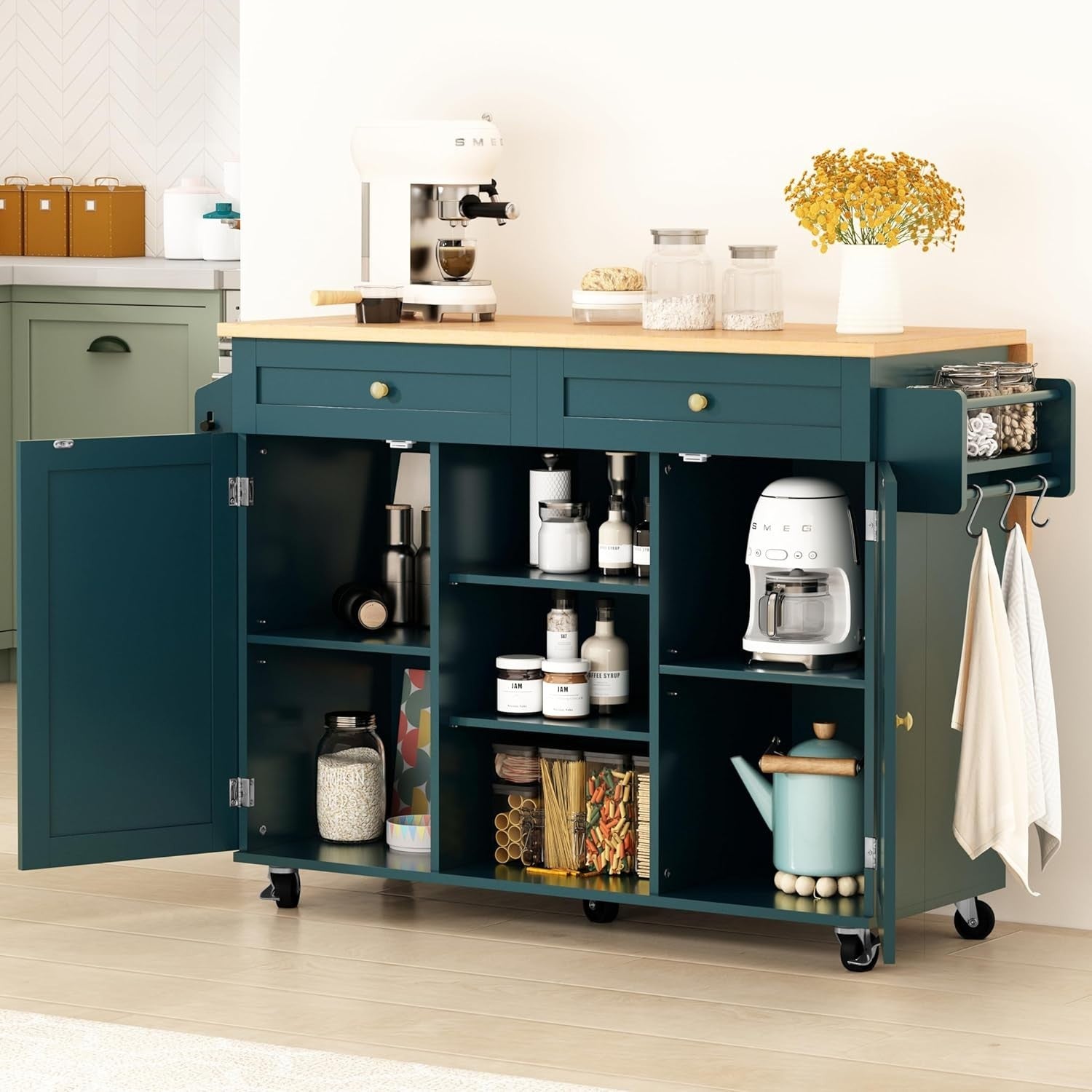 Kitchen Island Trolley with Drop Leaf Worktop, Storage & Wheels – Green