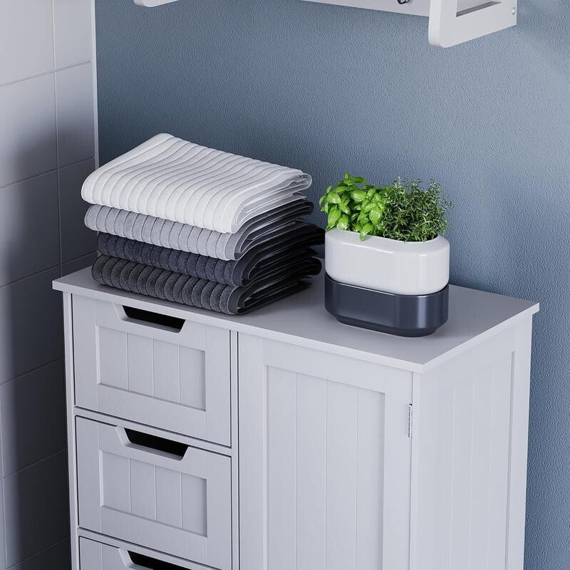 White Bathroom Cabinet 4 Drawer 1 Door Cupboard – Adjustable Shelf Storage